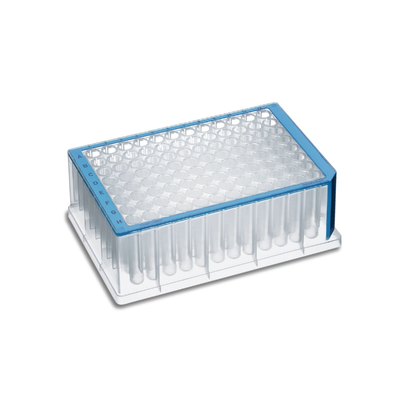 Планшеты глубоколуночные 96 лунок, сертифицированы на отсутствие ДНКаз, РНКаз, ингибиторов ПЦР, стерильные, объем лунки 1,0 мл, цвет рамки голубой, 20 шт/уп